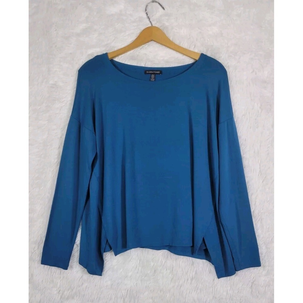 Eileen Fisher Teal Blue Viscose‎ Jersey Boxy Boat Neck Top Small Minimalist